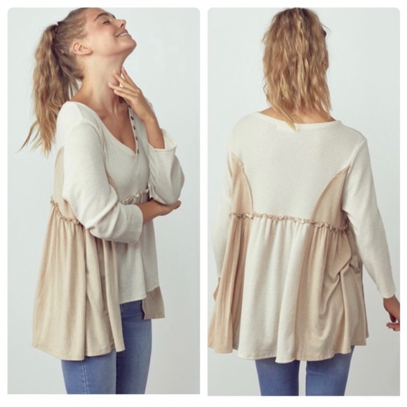 #2038 Buttoned Detail Relaxed Fit V Neck Long Sleeve Top - Picture 7 of 15
